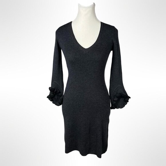 MILLY Small Charcoal Gray Merino Wool Knit Sweater Dress Ruffle Sleeve V Neck - Picture 1 of 6